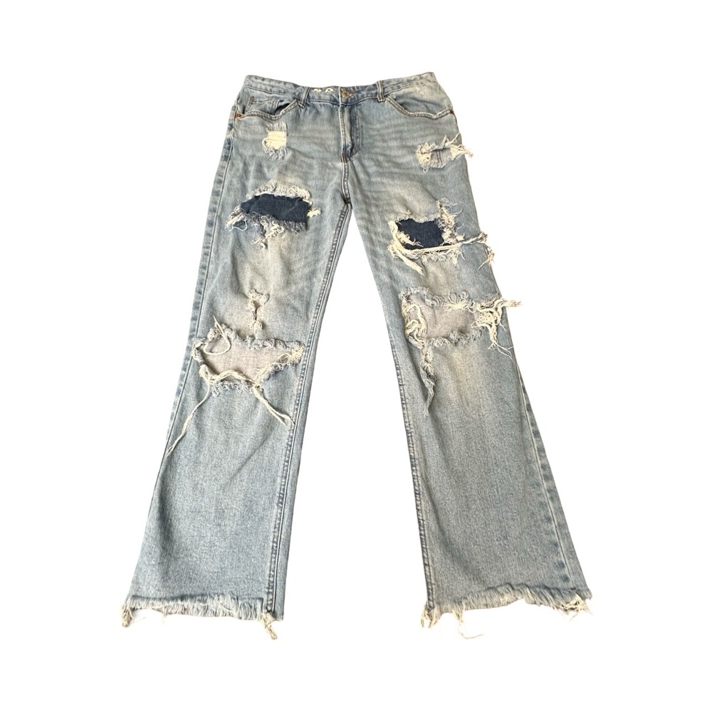 S.O.N.G. Jeans Womens 11/30 Light Blue Timeless Fit Distressed Ripped Wide Leg